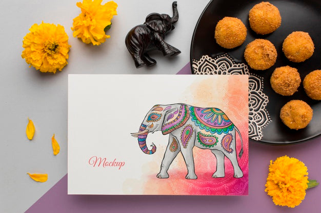 Top View Happy Diwali Festival Mock-Up With Traditional Food Psd