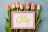 Top View Hello Spring Mockup With Flowers Psd