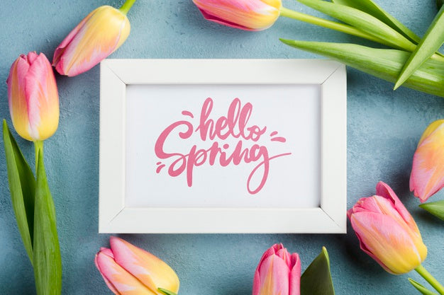 Top View Hello Spring Mockup With Flowers Psd