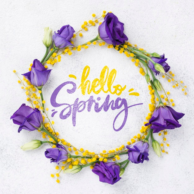Top View Hello Spring Mockup With Flowers Psd