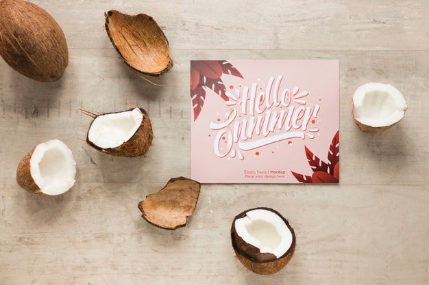 Top View Hello Summer Concept With Coconut Psd