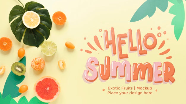 Top View Hello Summer With Exotic Fruits Psd