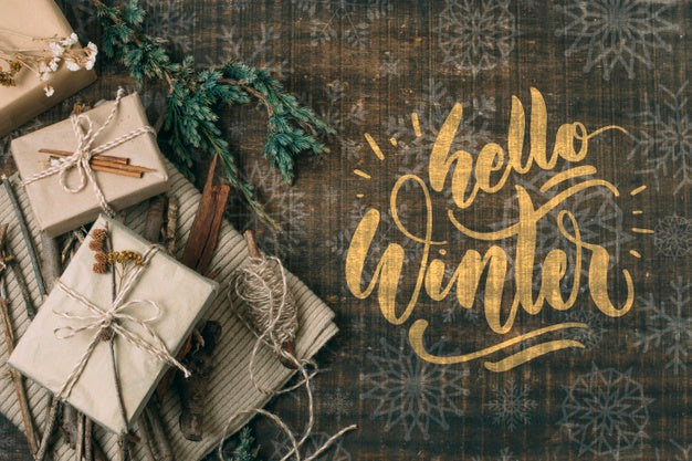 Top View Hello Winter With White Gift Boxes Psd