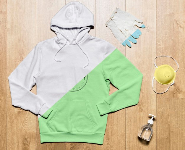 Top View Hoodie Mock-Up With Hand Sanitizer, Protection Gloves And Mask Psd
