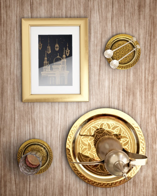 Top View Islamic New Year Decoration On Wooden Background Psd