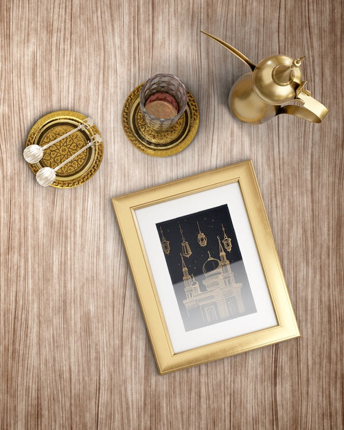 Top View Islamic New Years Arrangement With Golden Items Psd