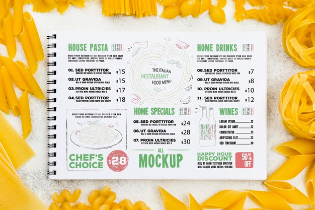 Top View Italian Menu And Pasta Psd
