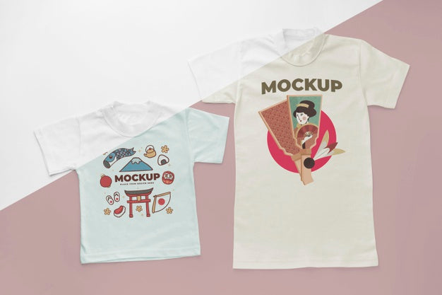 Top View Japanese T-Shirt Mock-Up Assortment Psd