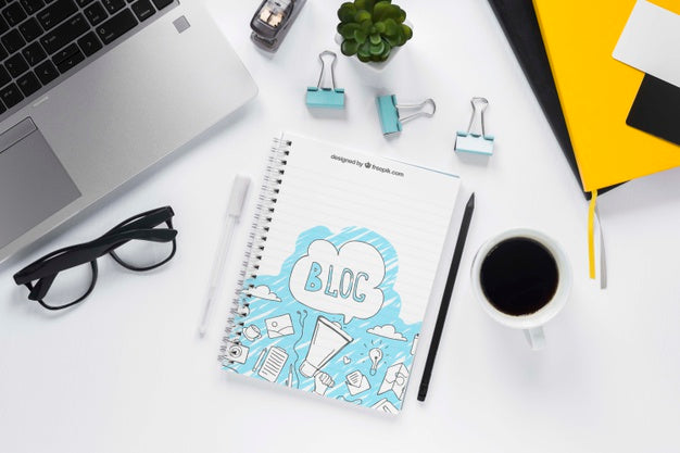 Top View Laptop Coffee And Notebook Psd