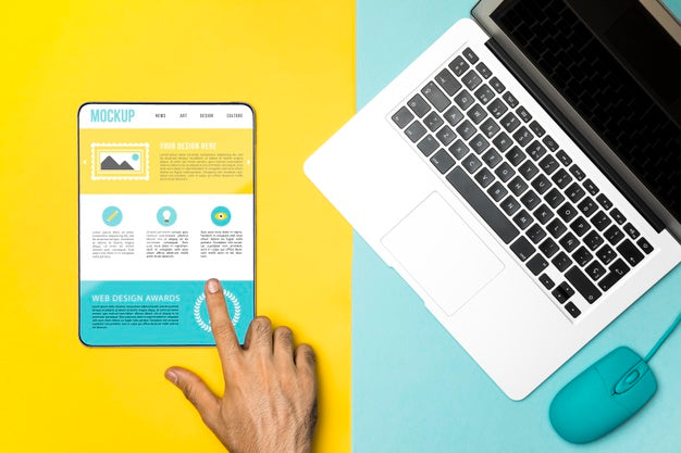 Top View Laptop, Mouse And Tablet Psd