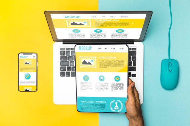 Top View Laptop, Mouse, Phone And Tablet Psd