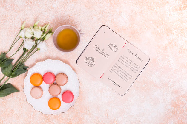 Top View Macarons And Tea Arrangement Psd