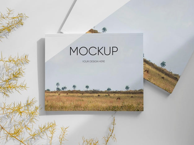 Top View Magazine And Leaves Arrangement Psd