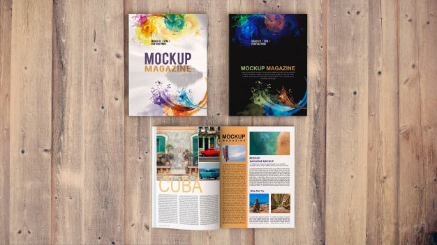 Top View Magazine Mockup On Wooden Table Psd