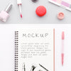 Top View Make-Up Cosmetics Assortment With Notepad Mock-Up Psd