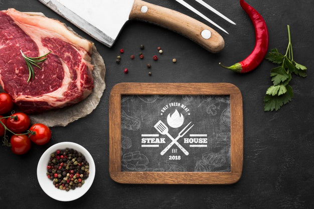Top View Meat Products With Chalkboard Mock-Up Psd