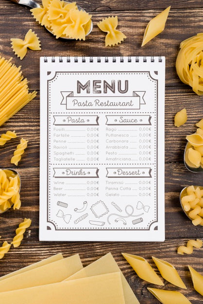 Top View Menu And Pasta Arrangement Psd