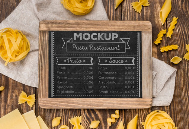 Top View Menu And Pasta Assortment Psd