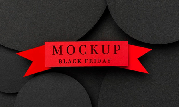 Top View Mock-Up Black Friday Red Ribbon On Circular Shapes Psd