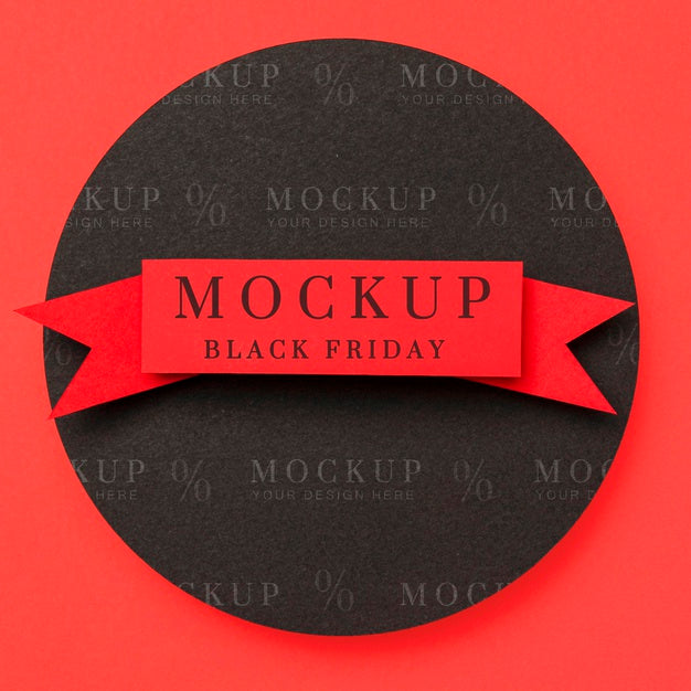Top View Mock-Up Black Friday Ribbon On Red Background Psd