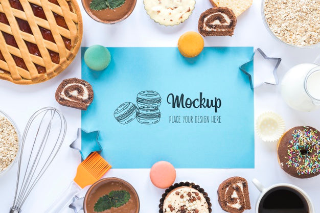 Top View Mock-Up Doughnuts With Pie And Whisk Psd