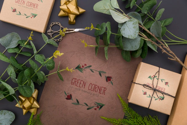 Top View Mock-Up Gifts And Leaves Psd