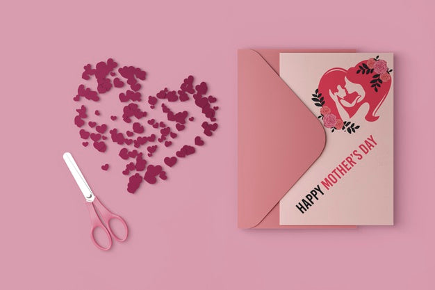 Top View Mother'S Day Card And Envelope With Scissors Psd