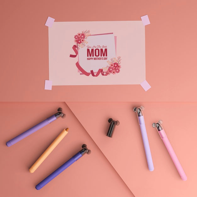 Top View Mother'S Day Card And Markers With Mock-Up Psd