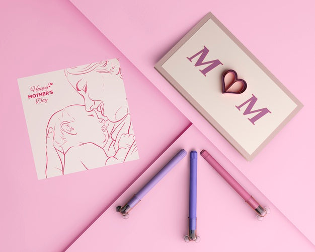 Top View Mother'S Day Card And Markers With Mock-Up Psd