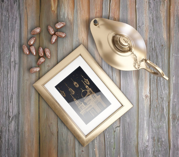 Top View Muharram Arrangement With Golden Lamp Psd