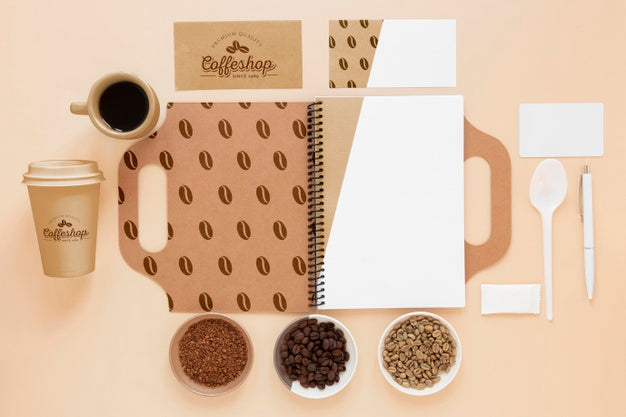 Top View Notebook And Coffee Beans Psd