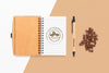 Top View Notebook And Coffee Beans Psd