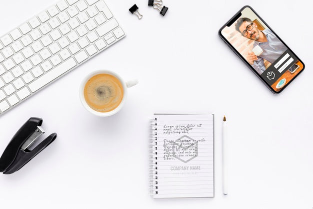 Top View Notebook And Phone Mock-Up Psd
