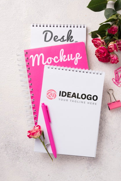 Top View Notebook Mock-Up And Roses Psd