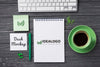 Top View Notebook Mock-Up And Stationery Near Coffee And Keyboard Psd
