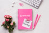 Top View Notebook Mock-Up And Stationery Near Keyboard And Roses Psd