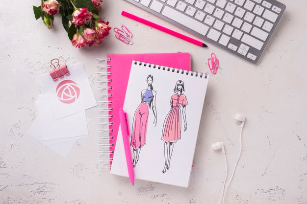 Top View Notebook Mock-Up Near Keyboard And Roses Psd