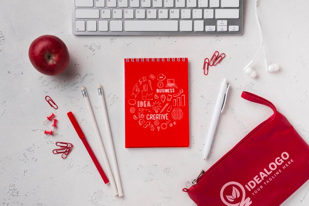 Top View Notebook Mock-Up Near Keyboard Psd