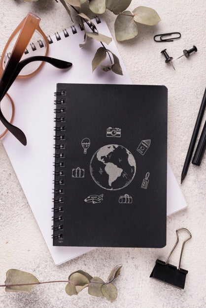 Top View Notebook Mock-Up On Desk Psd