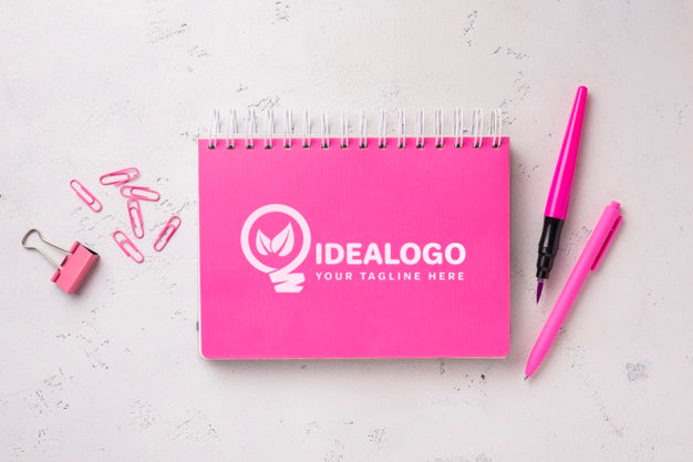 Top View Notebook Mock-Up With Stationery Psd