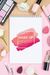 Top View Notebook With Make-Up Items Psd