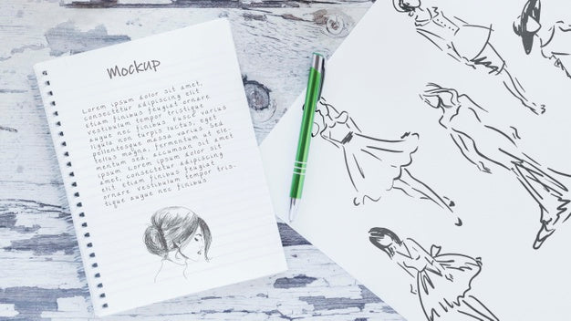 Top View Notepad And Drawing With Mock-Up Psd