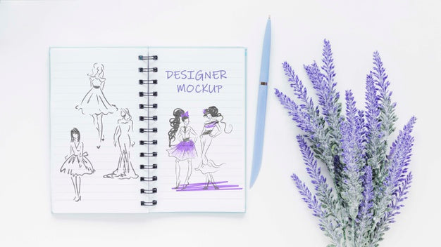 Top View Notepad With Drawings And Plant Psd