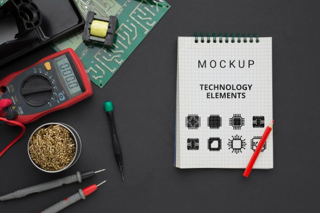 Top View Notepad With Electronics Tools Psd