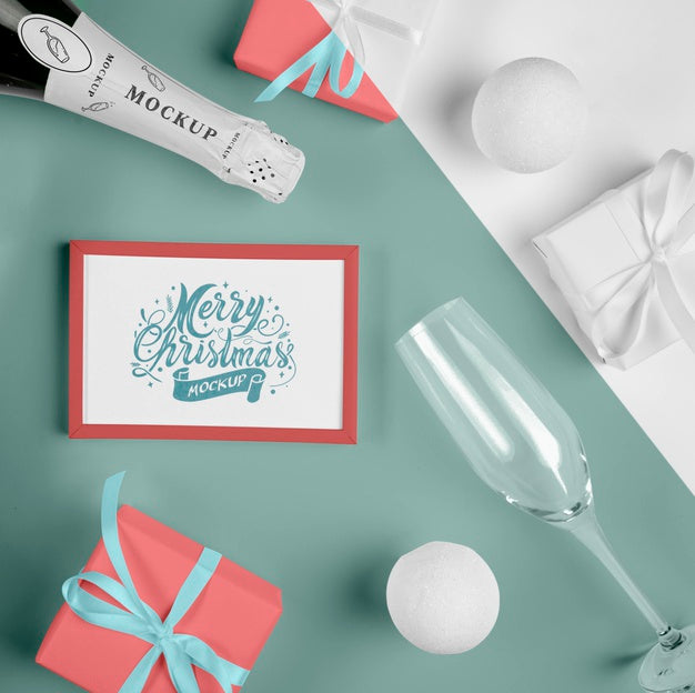 Top View Of A Champagne Bottle With A Christmas Frame Psd