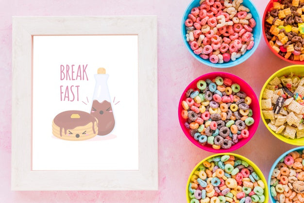 Top View Of Arrangement Of Cereals Bowls And Frame Psd