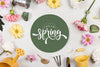 Top View Of Assortment Of Spring Flowers And Gardening Tools Psd