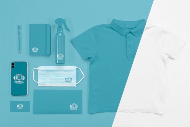 Top View Of Back To School Essentials With Medical Mask And T-Shirt Psd