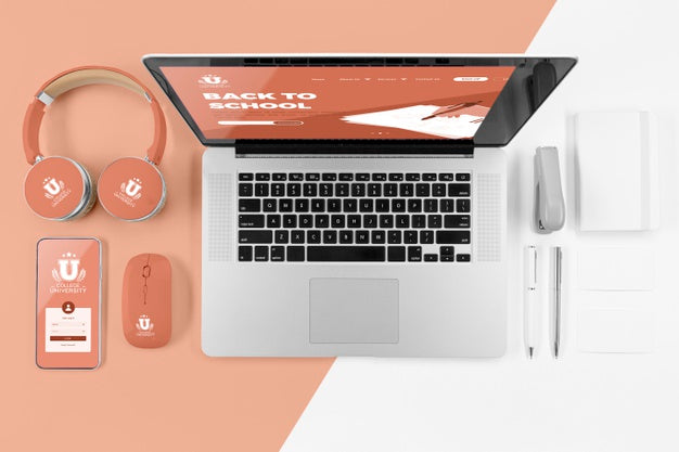 Top View Of Back To School Headphones With Laptop And Mouse Psd