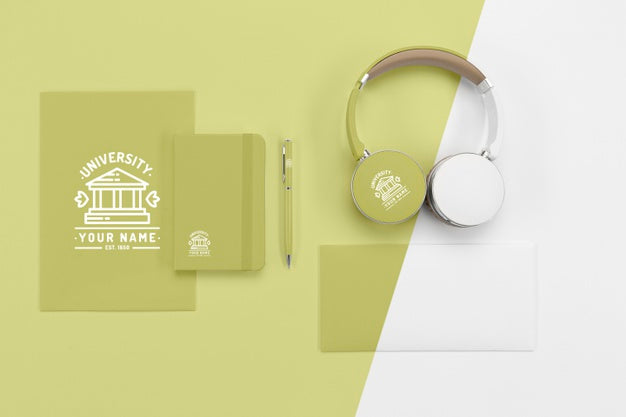 Top View Of Back To School Headphones With Notebooks And Pen Psd